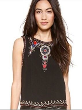 Alice + Olivia Black Embroidered Sleeveless Tank with Red and Blue Accents